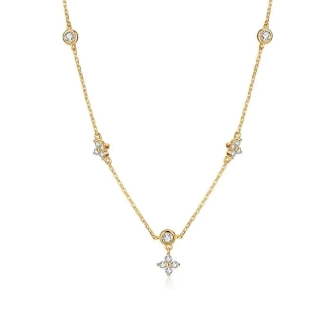 Four Leave Clover, Round Cubic Zirconia Gold plated Stainless Steel Necklace